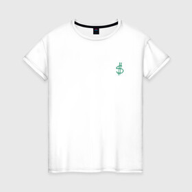 Женская футболка хлопок с принтом DOLLAR | ЗЕЛЕНЫЙ (Z) в Белгороде, 100% хлопок | прямой крой, круглый вырез горловины, длина до линии бедер, слегка спущенное плечо | baks | dolar | dollar | бакс | деньги | долар | долл | доллар | зеленый | знак | модная