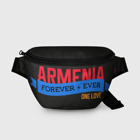 Поясная сумка 3D с принтом Armenia one love в Белгороде, 100% полиэстер | плотная ткань, ремень с регулируемой длиной, внутри несколько карманов для мелочей, основное отделение и карман с обратной стороны сумки застегиваются на молнию | armenia | logo | армения | армян | армяни | герб | лев и орел | лого | символ | флаг | флаг и герб армении