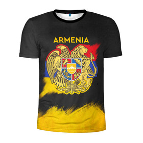 Мужская футболка 3D спортивная с принтом Yellow and Black Armenia в Белгороде, 100% полиэстер с улучшенными характеристиками | приталенный силуэт, круглая горловина, широкие плечи, сужается к линии бедра | armenia | logo | армения | армян | армяни | герб | лев и орел | лого | символ | флаг | флаг и герб армении