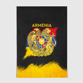 Постер с принтом Yellow and Black Armenia в Белгороде, 100% бумага
 | бумага, плотность 150 мг. Матовая, но за счет высокого коэффициента гладкости имеет небольшой блеск и дает на свету блики, но в отличии от глянцевой бумаги не покрыта лаком | armenia | logo | армения | армян | армяни | герб | лев и орел | лого | символ | флаг | флаг и герб армении