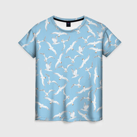 Женская футболка 3D с принтом Чайки в небе паттерн в Белгороде, 100% полиэфир ( синтетическое хлопкоподобное полотно) | прямой крой, круглый вырез горловины, длина до линии бедер | акварель | голубое небо | иллюстрация | паттерн | птицы | рисунок | чайка | чайки | чайки в небе