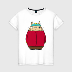 Женская футболка хлопок с принтом Totoro Cartman в Белгороде, 100% хлопок | прямой крой, круглый вырез горловины, длина до линии бедер, слегка спущенное плечо | Тематика изображения на принте: ghibli | japan | nature | neigbor | neighbour | totoro | анимация | аниме | гибли | друг | животные | лес | милый | мир | миядзаки | мой сосед тоторо | мульт | мультфильм | природа | сосед | тоторо | хаяо | хранитель | япония