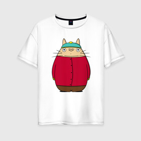 Женская футболка хлопок Oversize с принтом Totoro Cartman в Белгороде, 100% хлопок | свободный крой, круглый ворот, спущенный рукав, длина до линии бедер
 | Тематика изображения на принте: ghibli | japan | nature | neigbor | neighbour | totoro | анимация | аниме | гибли | друг | животные | лес | милый | мир | миядзаки | мой сосед тоторо | мульт | мультфильм | природа | сосед | тоторо | хаяо | хранитель | япония