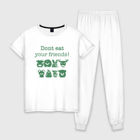 Женская пижама хлопок с принтом Не ешь друзей в Белгороде, 100% хлопок | брюки и футболка прямого кроя, без карманов, на брюках мягкая резинка на поясе и по низу штанин | green | greenpaece | vegan | yoga | веган | вегетарианец | гринпис | дерево | еда | животные | жизнь | здоровье | зеленый | йога | мир | овощи | пища | планета | природа | фрукты