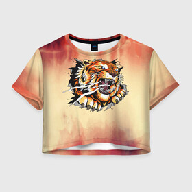 Женская футболка Crop-top 3D с принтом Ярость в Белгороде, 100% полиэстер | круглая горловина, длина футболки до линии талии, рукава с отворотами | арт | голова | графика | животные | звери | тигр