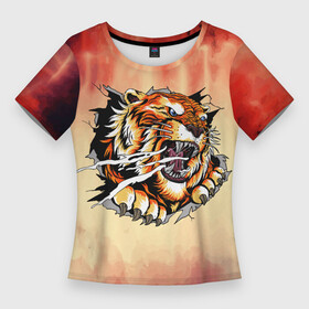 Женская футболка 3D Slim с принтом Ярость в Белгороде,  |  | арт | голова | графика | животные | звери | тигр