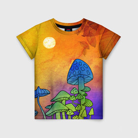 Детская футболка 3D с принтом Заколдованный лес в Белгороде, 100% гипоаллергенный полиэфир | прямой крой, круглый вырез горловины, длина до линии бедер, чуть спущенное плечо, ткань немного тянется | акварель | глитч грибы | грибы | грибы нарисованные карандашом | листва | необычный лес | цветные грибы