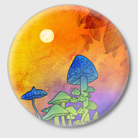 Значок с принтом Заколдованный лес в Белгороде,  металл | круглая форма, металлическая застежка в виде булавки | акварель | глитч грибы | грибы | грибы нарисованные карандашом | листва | необычный лес | цветные грибы