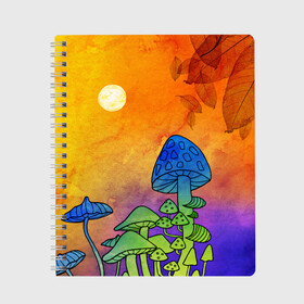Тетрадь с принтом Заколдованный лес в Белгороде, 100% бумага | 48 листов, плотность листов — 60 г/м2, плотность картонной обложки — 250 г/м2. Листы скреплены сбоку удобной пружинной спиралью. Уголки страниц и обложки скругленные. Цвет линий — светло-серый
 | Тематика изображения на принте: акварель | глитч грибы | грибы | грибы нарисованные карандашом | листва | необычный лес | цветные грибы