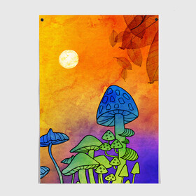 Постер с принтом Заколдованный лес в Белгороде, 100% бумага
 | бумага, плотность 150 мг. Матовая, но за счет высокого коэффициента гладкости имеет небольшой блеск и дает на свету блики, но в отличии от глянцевой бумаги не покрыта лаком | Тематика изображения на принте: акварель | глитч грибы | грибы | грибы нарисованные карандашом | листва | необычный лес | цветные грибы