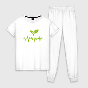 Женская пижама хлопок с принтом Vegan Pulse в Белгороде, 100% хлопок | брюки и футболка прямого кроя, без карманов, на брюках мягкая резинка на поясе и по низу штанин | Тематика изображения на принте: green | greenpaece | vegan | yoga | веган | вегетарианец | гринпис | дерево | еда | животные | жизнь | здоровье | зеленый | йога | мир | овощи | пища | планета | природа | пульс | фрукты
