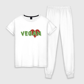 Женская пижама хлопок с принтом Vegan Love в Белгороде, 100% хлопок | брюки и футболка прямого кроя, без карманов, на брюках мягкая резинка на поясе и по низу штанин | green | greenpaece | love | vegan | yoga | веган | вегетарианец | гринпис | дерево | еда | животные | жизнь | здоровье | зеленый | йога | любовь | мир | овощи | пища | планета | природа | сердце | фрукты