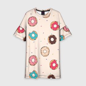 Детское платье 3D с принтом Кусанные пончики в Белгороде, 100% полиэстер | прямой силуэт, чуть расширенный к низу. Круглая горловина, на рукавах — воланы | Тематика изображения на принте: булка с дыркой | булочка | десерт | пончик | пончики | симпсоны | сладкая булка