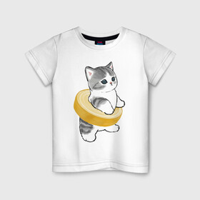 Детская футболка хлопок с принтом Котёнок в бублике в Белгороде, 100% хлопок | круглый вырез горловины, полуприлегающий силуэт, длина до линии бедер | арт | бублик | кот | котёнок | кошка | милая кошка | милый кот | милый котёнок | пончик | рисунок
