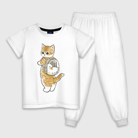 Детская пижама хлопок с принтом Котёнок с гусём в Белгороде, 100% хлопок |  брюки и футболка прямого кроя, без карманов, на брюках мягкая резинка на поясе и по низу штанин
 | Тематика изображения на принте: арт | гусь | домашнее животное | кот | котёнок | кошка | милая кошка | милый кот | милый котёнок | пончик | прогулка | рисунок | рюкзак