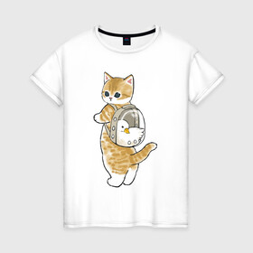 Женская футболка хлопок с принтом Котёнок с гусём в Белгороде, 100% хлопок | прямой крой, круглый вырез горловины, длина до линии бедер, слегка спущенное плечо | арт | гусь | домашнее животное | кот | котёнок | кошка | милая кошка | милый кот | милый котёнок | пончик | прогулка | рисунок | рюкзак