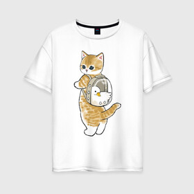 Женская футболка хлопок Oversize с принтом Котёнок с гусём в Белгороде, 100% хлопок | свободный крой, круглый ворот, спущенный рукав, длина до линии бедер
 | арт | гусь | домашнее животное | кот | котёнок | кошка | милая кошка | милый кот | милый котёнок | пончик | прогулка | рисунок | рюкзак