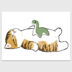 Поздравительная открытка с принтом Отдых с другом в Белгороде, 100% бумага | плотность бумаги 280 г/м2, матовая, на обратной стороне линовка и место для марки
 | арт | динозавр | игрушка | кот | котёнок | кошка | милая кошка | милый кот | милый котёнок | пончик | рисунок | рыжая кошка | рыжий кот | рыжий котёнок