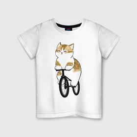 Детская футболка хлопок с принтом Котик на велосипеде в Белгороде, 100% хлопок | круглый вырез горловины, полуприлегающий силуэт, длина до линии бедер | Тематика изображения на принте: арт | велосипед | ветер | кот | котёнок | кошка | милая кошка | милый кот | милый котёнок | отдых | отдыхает | пончик | рисунок