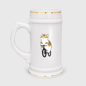 Кружка пивная с принтом Котик на велосипеде в Белгороде,  керамика (Материал выдерживает высокую температуру, стоит избегать резкого перепада температур) |  объем 630 мл | арт | велосипед | ветер | кот | котёнок | кошка | милая кошка | милый кот | милый котёнок | отдых | отдыхает | пончик | рисунок