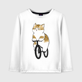 Детский лонгслив хлопок с принтом Котик на велосипеде в Белгороде, 100% хлопок | круглый вырез горловины, полуприлегающий силуэт, длина до линии бедер | арт | велосипед | ветер | кот | котёнок | кошка | милая кошка | милый кот | милый котёнок | отдых | отдыхает | пончик | рисунок