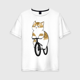 Женская футболка хлопок Oversize с принтом Котик на велосипеде в Белгороде, 100% хлопок | свободный крой, круглый ворот, спущенный рукав, длина до линии бедер
 | Тематика изображения на принте: арт | велосипед | ветер | кот | котёнок | кошка | милая кошка | милый кот | милый котёнок | отдых | отдыхает | пончик | рисунок