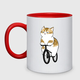 Кружка двухцветная с принтом Котик на велосипеде в Белгороде, керамика | объем — 330 мл, диаметр — 80 мм. Цветная ручка и кайма сверху, в некоторых цветах — вся внутренняя часть | Тематика изображения на принте: арт | велосипед | ветер | кот | котёнок | кошка | милая кошка | милый кот | милый котёнок | отдых | отдыхает | пончик | рисунок