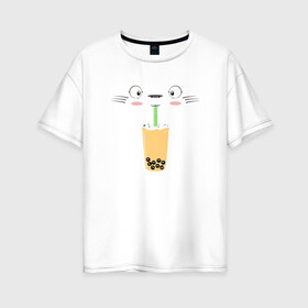 Женская футболка хлопок Oversize с принтом Totoro Drink в Белгороде, 100% хлопок | свободный крой, круглый ворот, спущенный рукав, длина до линии бедер
 | ghibli | japan | nature | neigbor | neighbour | totoro | анимация | аниме | гибли | друг | животные | лес | милый | мир | миядзаки | мой сосед тоторо | мульт | мультфильм | природа | сок | сосед | сусуватари | тоторо | хаяо