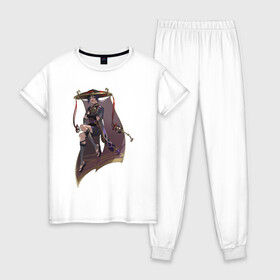 Женская пижама хлопок с принтом Скарамучча в Белгороде, 100% хлопок | брюки и футболка прямого кроя, без карманов, на брюках мягкая резинка на поясе и по низу штанин | арт | баал | инадзума | милый парень | рисунок | скарамучча | фатуи