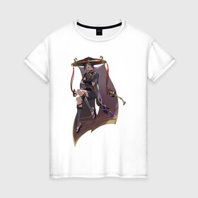 Женская футболка хлопок с принтом Скарамучча в Белгороде, 100% хлопок | прямой крой, круглый вырез горловины, длина до линии бедер, слегка спущенное плечо | арт | баал | инадзума | милый парень | рисунок | скарамучча | фатуи