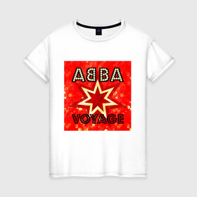 Женская футболка хлопок с принтом ABBA новый альбом Voyage в Белгороде, 100% хлопок | прямой крой, круглый вырез горловины, длина до линии бедер, слегка спущенное плечо | Тематика изображения на принте: abba | voyage | абба | альбом | возвращение | группа | музыка | поп | премьера
