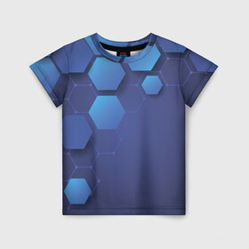 Детская футболка 3D с принтом Шестиугольники в Белгороде, 100% гипоаллергенный полиэфир | прямой крой, круглый вырез горловины, длина до линии бедер, чуть спущенное плечо, ткань немного тянется | геометрические фигуры | геометрия | линии | ромбы | синий фон | фигуры