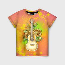 Детская футболка 3D с принтом Гитара и подсолнухи в Белгороде, 100% гипоаллергенный полиэфир | прямой крой, круглый вырез горловины, длина до линии бедер, чуть спущенное плечо, ткань немного тянется | гитара | инструмент | кляксы | подсолнух | цветы