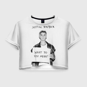 Женская футболка Crop-top 3D с принтом JUSTIN BIEBER в Белгороде, 100% полиэстер | круглая горловина, длина футболки до линии талии, рукава с отворотами | bieber | boy | justin | mean | music | pop | rnb | song | usa | what | бибер | джастин | музыка | парень | певец | песни | попса | портрет | сша