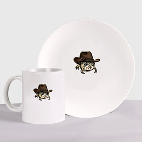 Набор: тарелка + кружка с принтом Дождевая лягушка в шляпе в Белгороде, керамика | Кружка: объем — 330 мл, диаметр — 80 мм. Принт наносится на бока кружки, можно сделать два разных изображения. 
Тарелка: диаметр - 210 мм, диаметр для нанесения принта - 120 мм. | Тематика изображения на принте: cowboy | cowboy hat | desert rain frog | howdy meme | meme | дождевая лягушка | иллюстрация | ковбой | ковбойская шляпа | лягуха | мемы | настроение | недовольное лицо | прикольные картинки | рисунок | сердитая лягушка