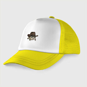 Детская кепка тракер с принтом Дождевая лягушка в шляпе в Белгороде, Козырек - 100% хлопок. Кепка - 100% полиэстер, Задняя часть - сетка | универсальный размер, пластиковая застёжка | Тематика изображения на принте: cowboy | cowboy hat | desert rain frog | howdy meme | meme | дождевая лягушка | иллюстрация | ковбой | ковбойская шляпа | лягуха | мемы | настроение | недовольное лицо | прикольные картинки | рисунок | сердитая лягушка