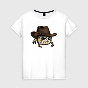 Женская футболка хлопок с принтом Дождевая лягушка в шляпе в Белгороде, 100% хлопок | прямой крой, круглый вырез горловины, длина до линии бедер, слегка спущенное плечо | cowboy | cowboy hat | desert rain frog | howdy meme | meme | дождевая лягушка | иллюстрация | ковбой | ковбойская шляпа | лягуха | мемы | настроение | недовольное лицо | прикольные картинки | рисунок | сердитая лягушка