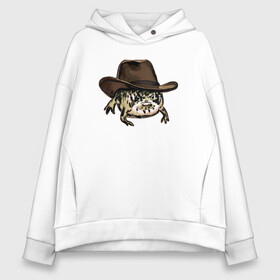 Женское худи Oversize хлопок с принтом Дождевая лягушка в шляпе в Белгороде, френч-терри — 70% хлопок, 30% полиэстер. Мягкий теплый начес внутри —100% хлопок | боковые карманы, эластичные манжеты и нижняя кромка, капюшон на магнитной кнопке | cowboy | cowboy hat | desert rain frog | howdy meme | meme | дождевая лягушка | иллюстрация | ковбой | ковбойская шляпа | лягуха | мемы | настроение | недовольное лицо | прикольные картинки | рисунок | сердитая лягушка