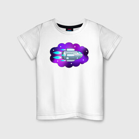 Детская футболка хлопок с принтом Космический корабль  в Белгороде, 100% хлопок | круглый вырез горловины, полуприлегающий силуэт, длина до линии бедер | Тематика изображения на принте: звёзды | космический корабль | космический туризм | полёт | ракета | туманность