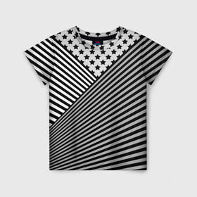 Детская футболка 3D с принтом Полосатый комбинированный узор в Белгороде, 100% гипоаллергенный полиэфир | прямой крой, круглый вырез горловины, длина до линии бедер, чуть спущенное плечо, ткань немного тянется | звезды | комбинированный | молодежный | монохромный | полосатый | серый и черный | современный | черно белый