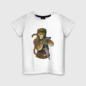 Детская футболка хлопок с принтом Песчаный отряд в Белгороде, 100% хлопок | круглый вырез горловины, полуприлегающий силуэт, длина до линии бедер | Тематика изображения на принте: арт | африка | гепард | жара | животное | зверь | леопард | оружие | рисунок | человекоподобный