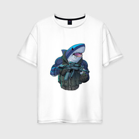 Женская футболка хлопок Oversize с принтом Водный спецназ в Белгороде, 100% хлопок | свободный крой, круглый ворот, спущенный рукав, длина до линии бедер
 | акула | арт | граната | зубы | клыки | огнестрельное оружие | рисунок | рыба | рыбы | хищник | человекоподобный