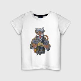 Детская футболка хлопок с принтом Опасный клык в Белгороде, 100% хлопок | круглый вырез горловины, полуприлегающий силуэт, длина до линии бедер | арт | большая кошка | животное | зверь | оружие | пума | рисунок | человекоподобный