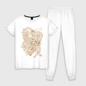 Женская пижама хлопок с принтом Дракон и феникс в Белгороде, 100% хлопок | брюки и футболка прямого кроя, без карманов, на брюках мягкая резинка на поясе и по низу штанин | арт | битва | дракон | иллюстрация | огненная птица | феникс