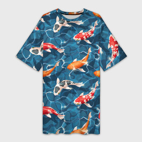 Платье-футболка 3D с принтом Японские карпы (кои) в Белгороде,  |  | восточные карпы | восточные рыбки | западные карпы | западные рыбы | карпы | карпы кои | кои | морские жители | рыбы | рыбы паттерн | японские карпы | японские кои