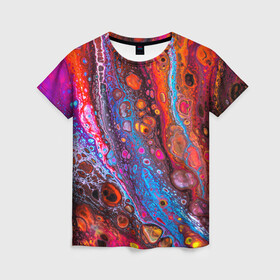 Женская футболка 3D с принтом Брызги на камнях в Белгороде, 100% полиэфир ( синтетическое хлопкоподобное полотно) | прямой крой, круглый вырез горловины, длина до линии бедер | Тематика изображения на принте: арт | искусство | красочность | психоделика | цвет