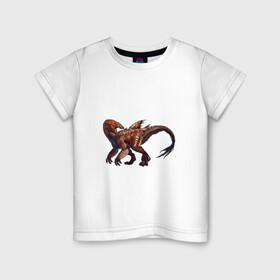 Детская футболка хлопок с принтом Сегнозавр в Белгороде, 100% хлопок | круглый вырез горловины, полуприлегающий силуэт, длина до линии бедер | Тематика изображения на принте: арт | динозавр | динозавр с перьями | доисторические | красный | красный динозавр | крылья | перья | рисунок | сегнозавр | теризинозавр | хищник
