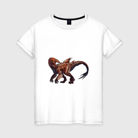 Женская футболка хлопок с принтом Сегнозавр в Белгороде, 100% хлопок | прямой крой, круглый вырез горловины, длина до линии бедер, слегка спущенное плечо | арт | динозавр | динозавр с перьями | доисторические | красный | красный динозавр | крылья | перья | рисунок | сегнозавр | теризинозавр | хищник