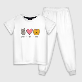 Детская пижама хлопок с принтом PEACE LOVE CATS (Z) в Белгороде, 100% хлопок |  брюки и футболка прямого кроя, без карманов, на брюках мягкая резинка на поясе и по низу штанин
 | Тематика изображения на принте: cat | cats | love | lovers | peace | кот | коты | любить | любовь | мир | хипи | хиппи