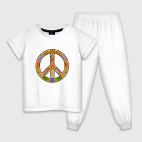 Детская пижама хлопок с принтом PEACE | FLOWERS (Z) в Белгороде, 100% хлопок |  брюки и футболка прямого кроя, без карманов, на брюках мягкая резинка на поясе и по низу штанин
 | Тематика изображения на принте: bloom | blossom | floret | flowers | hippies | peace | знак | любовь | мир | символ | хиппи | цветы